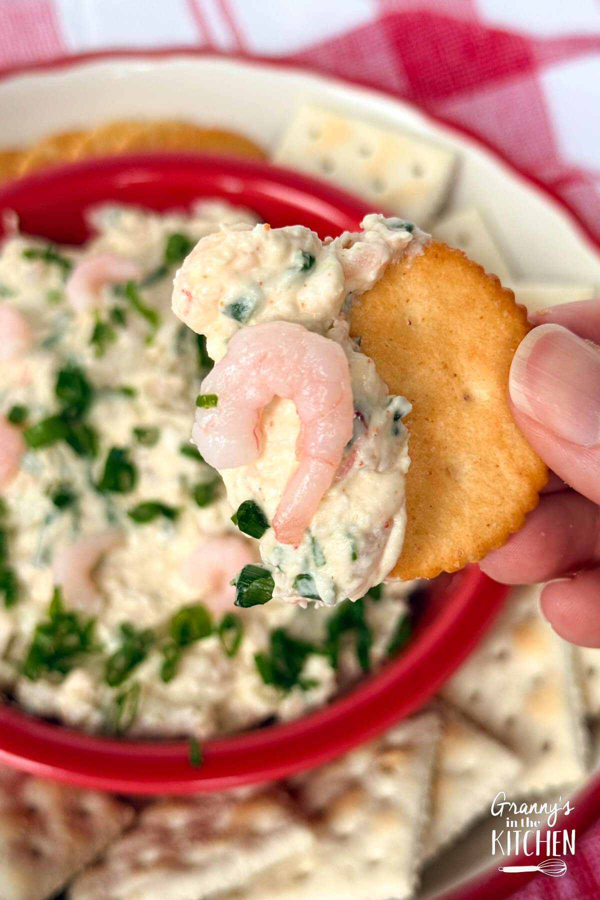 Shrimp Dip scooped onto a cracker.