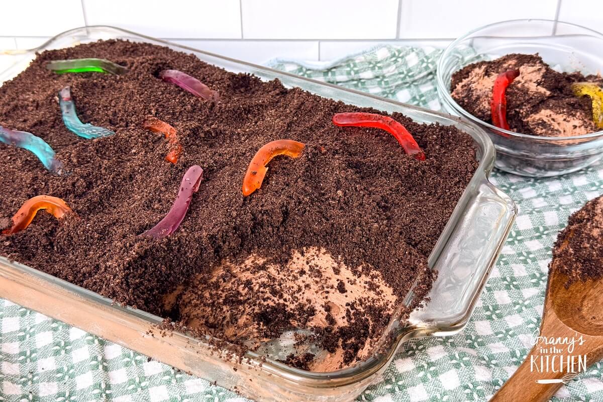 Dirt cake in a glass serving dish.