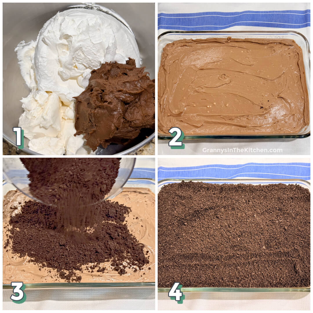 Step by step photo collage on how to make dirt cake.
