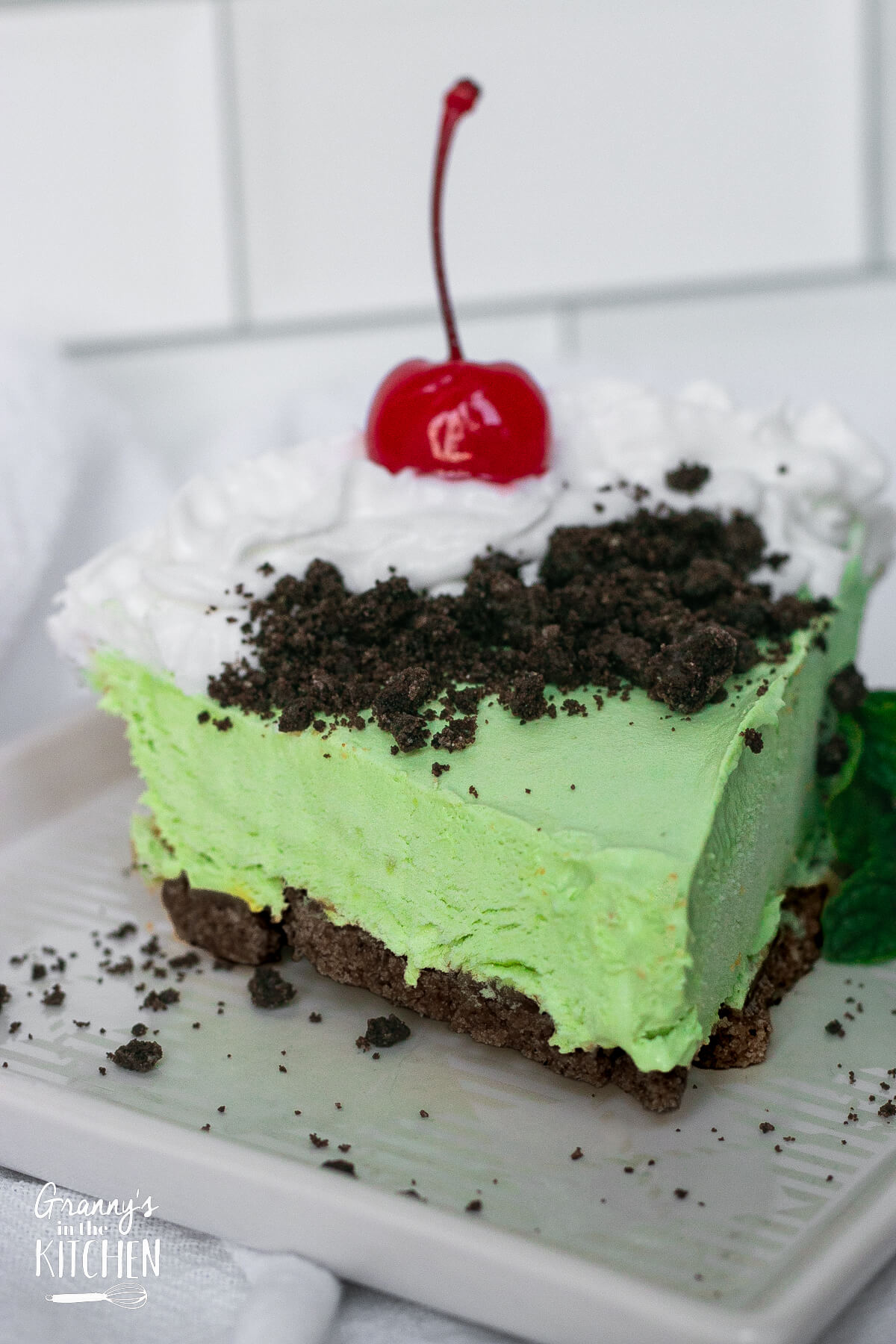 slice of minty green Grasshopper pie.