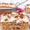 close up on a slice of pecan sheet cake, with text overlay "Preacher Cake"