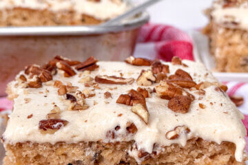close up on a slice of pecan sheet cake, with text overlay "Preacher Cake"