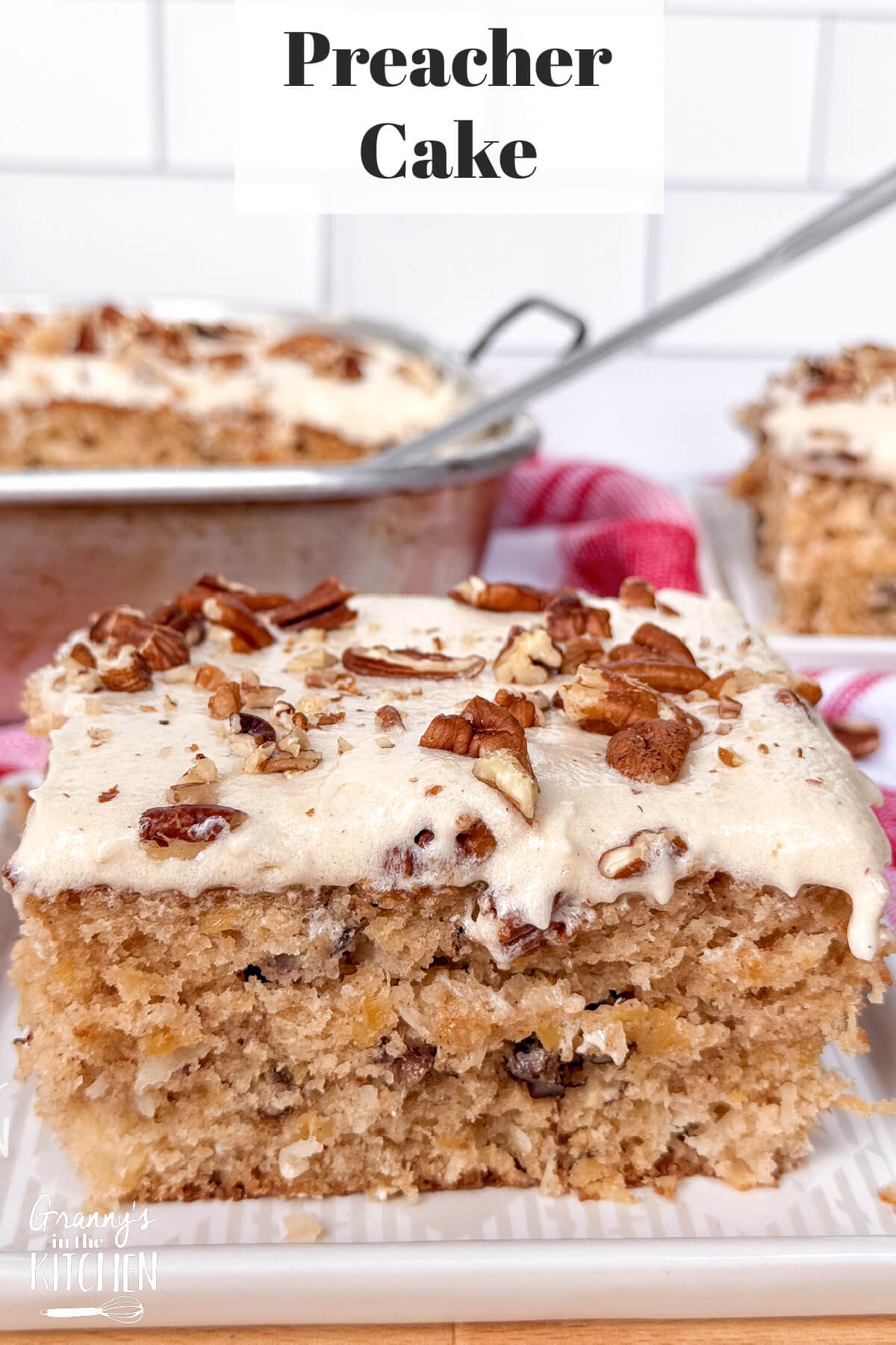 close up on a slice of pecan sheet cake, with text overlay "Preacher Cake"