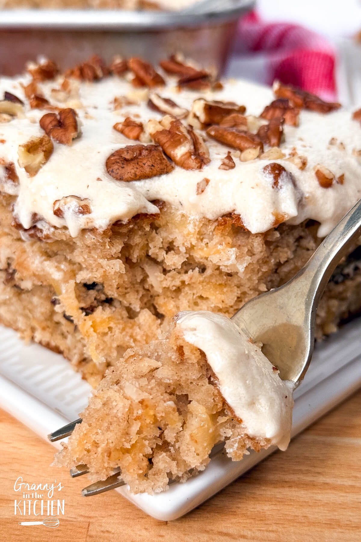 a bite of preacher cake on a fork.