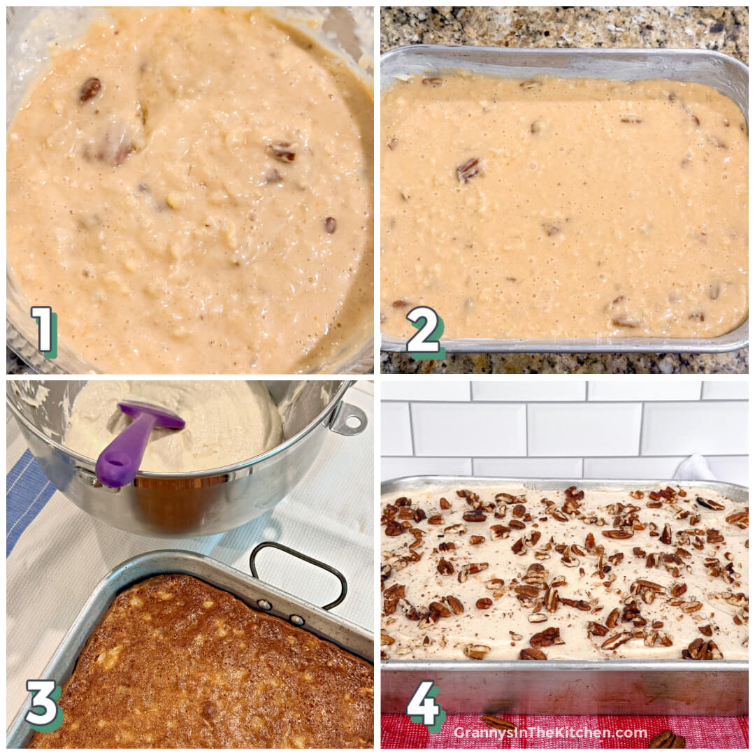 4 step photo collage showing how to make a Preacher Cake recipe.