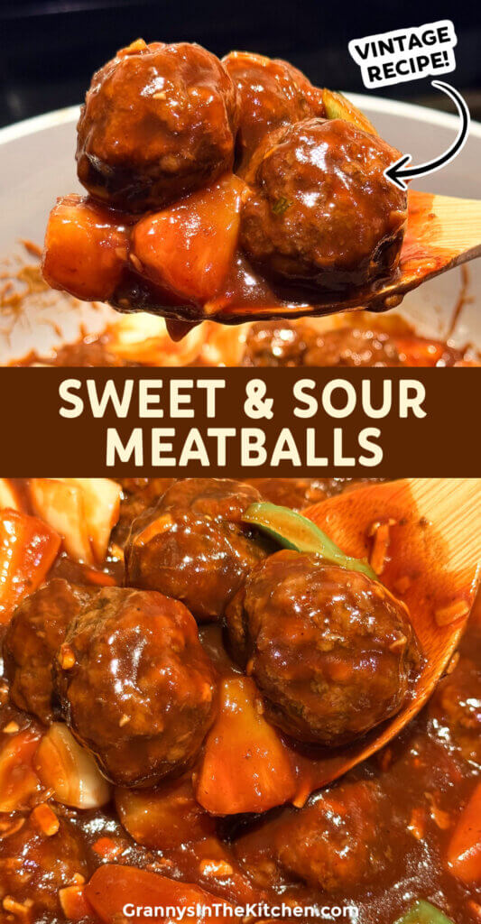 Pinterest style collage for sweet and sour meatballs.
