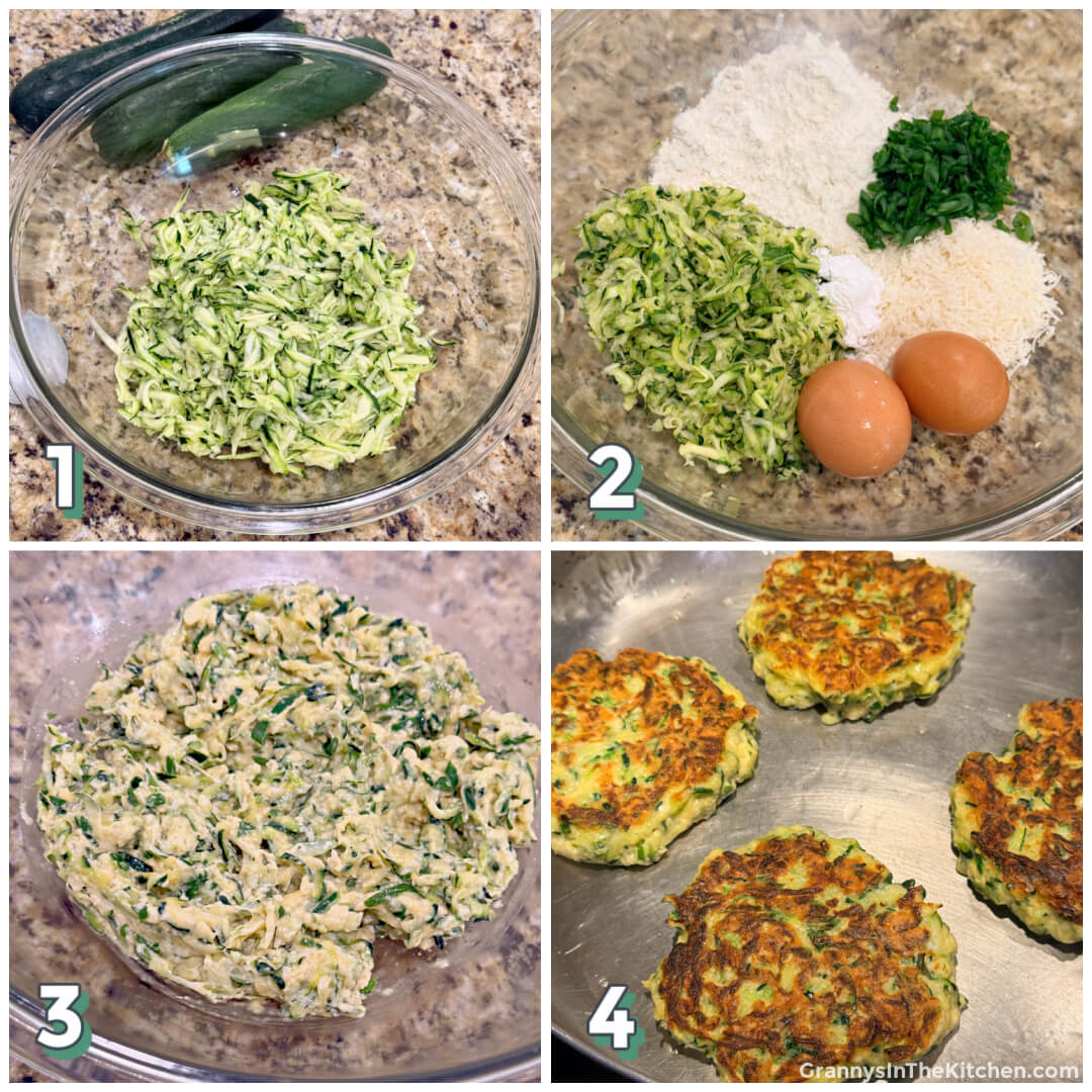 4 step photo collage showing how to make and fry zucchini fritters.