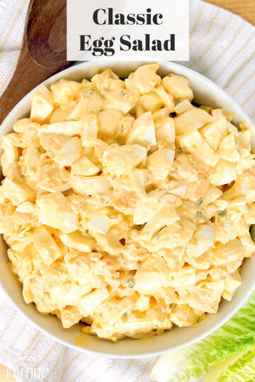 top-down view of a bowl of egg salad with text overlay "Classic Egg Salad."