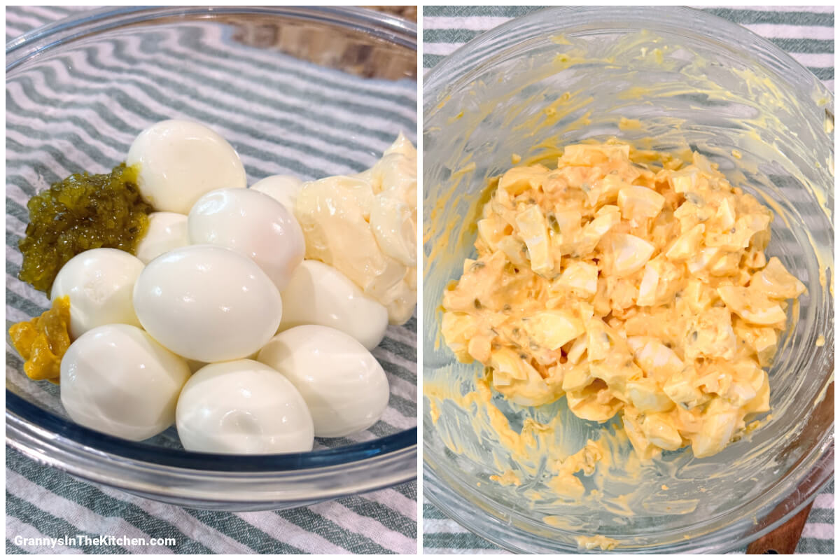 2 photo collage showing how to make an easy egg salad.