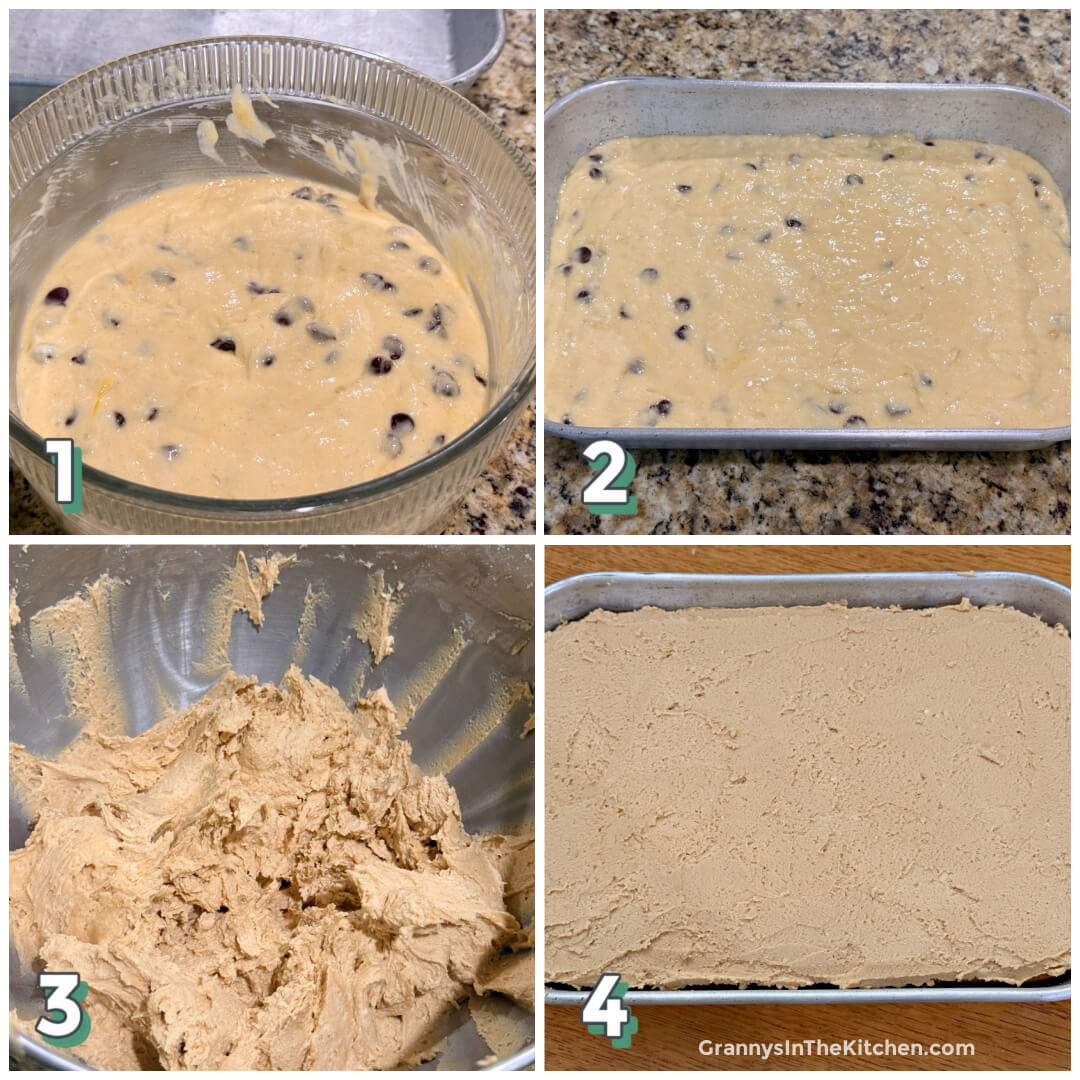 4 step photo collage showing how to make banana cake with chocolate chips and peanut butter frosting.