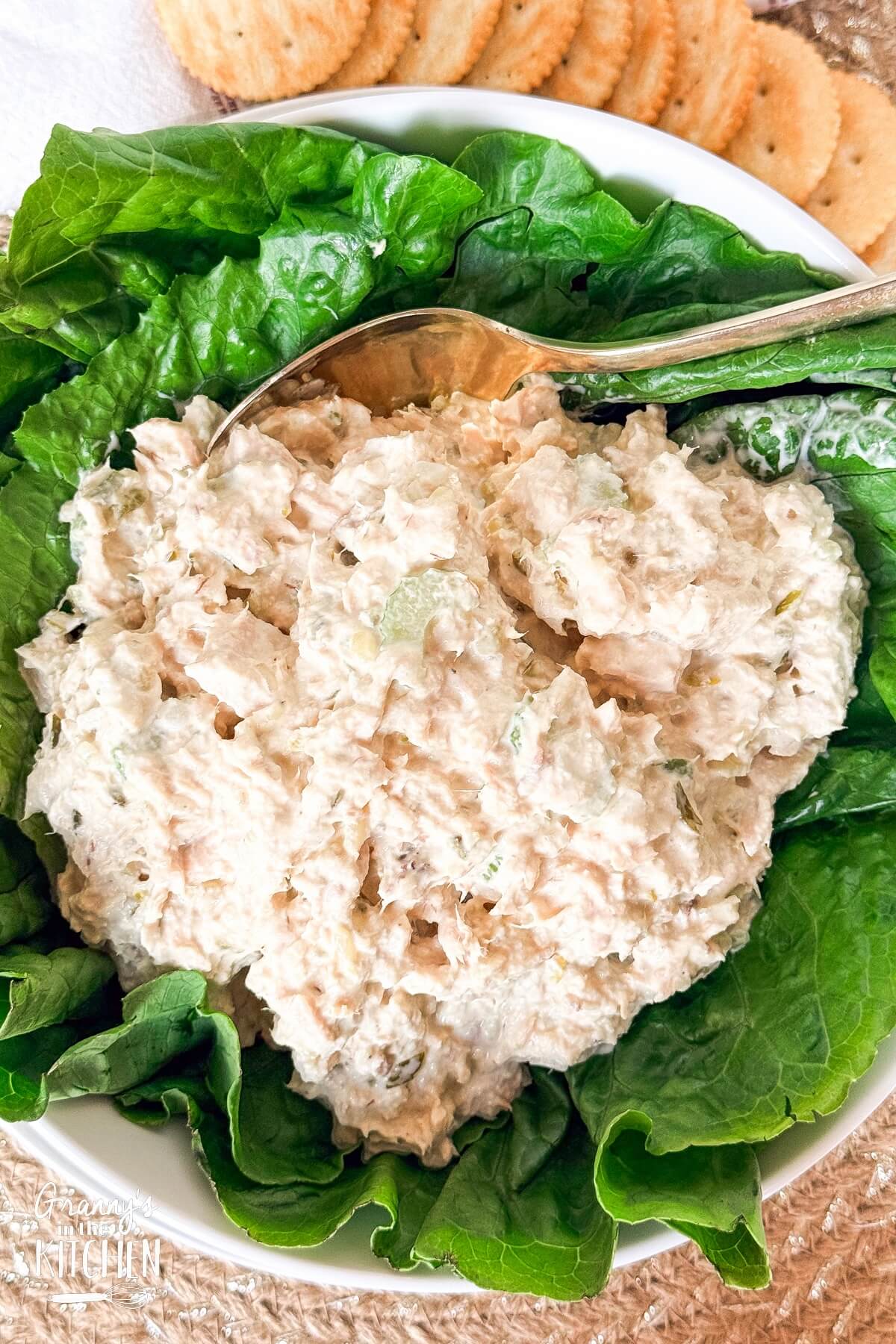 top down view of tuna salad in a bowl with lettuce.