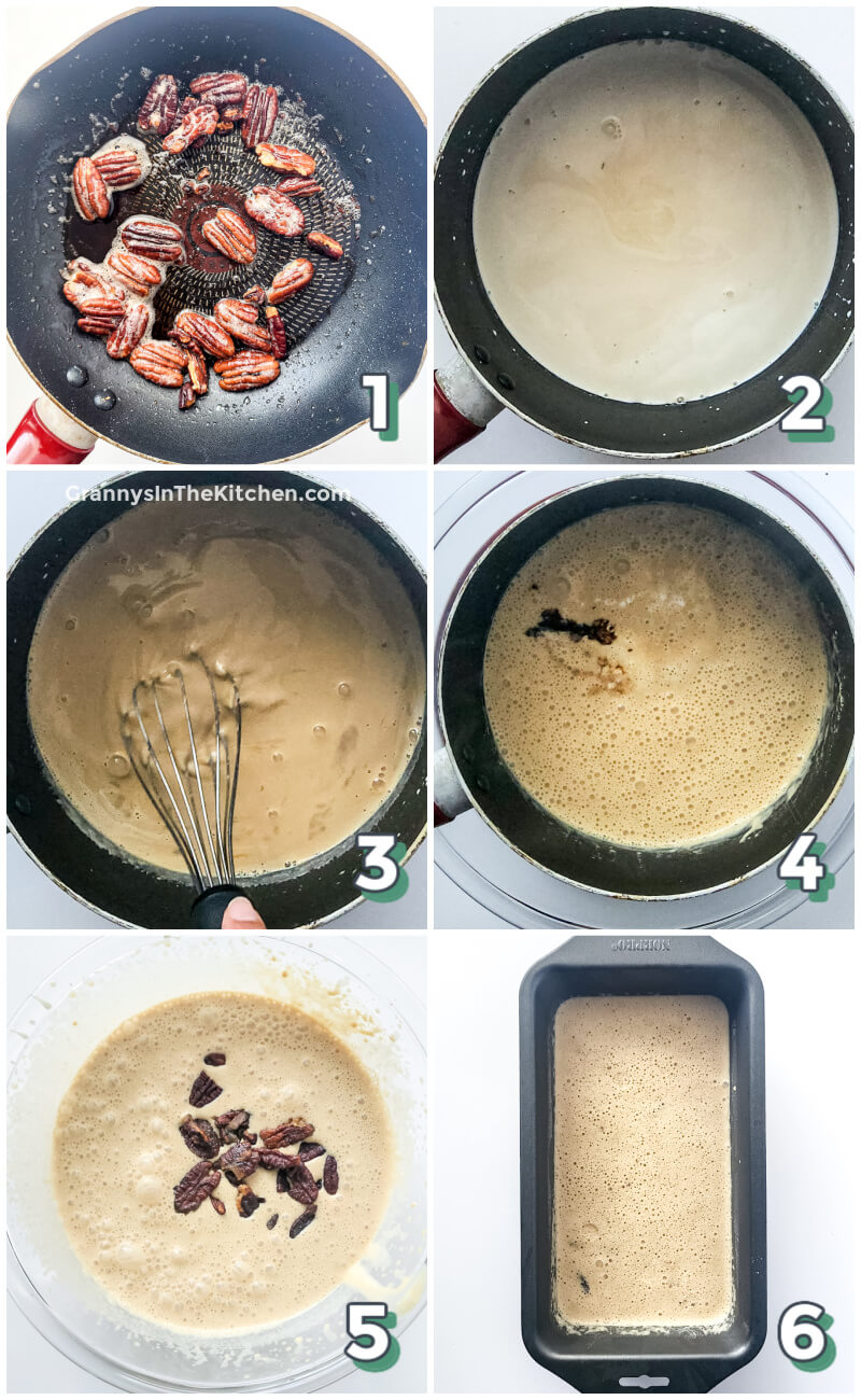 6-step photo collage showing how to make butter pecan ice cream at home.