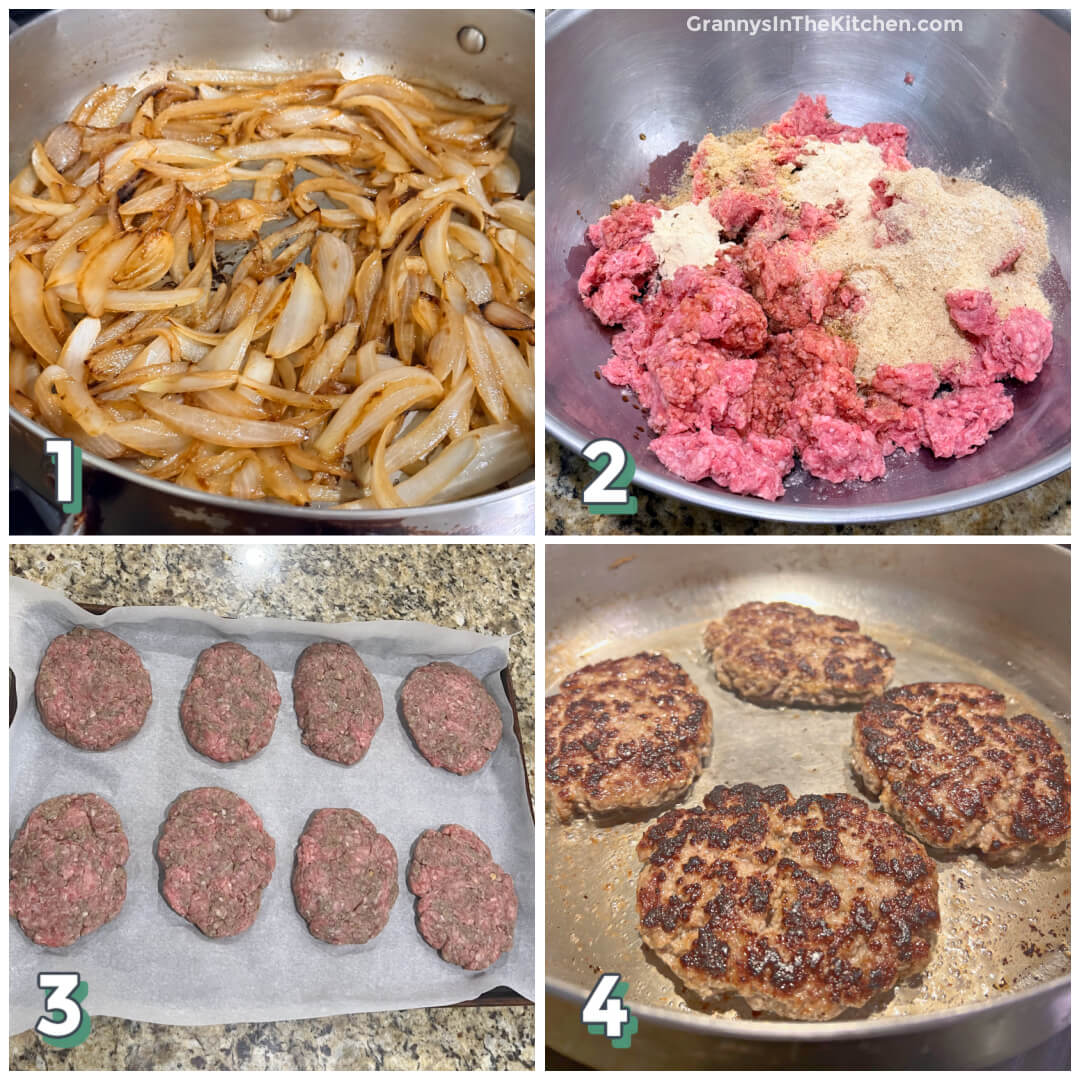 4 step photo collage showing how to make salisbury steak.