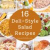 collage image of deli style salad recipes.