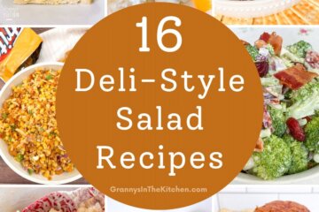 collage image of deli style salad recipes.