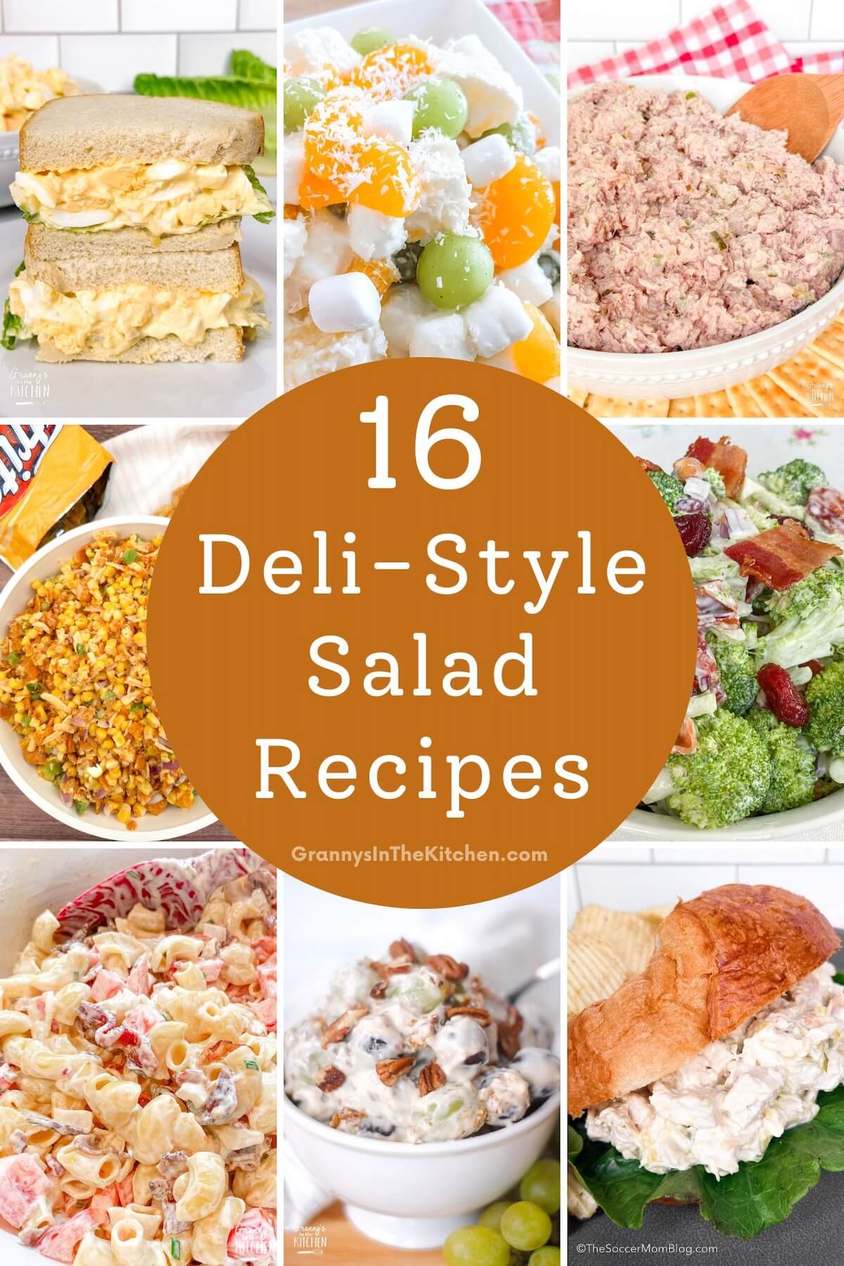 collage image of deli style salad recipes.