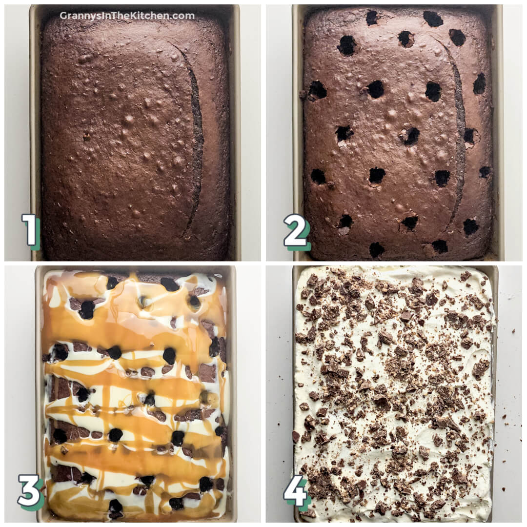 Toffee Poke Cake step by step photo collage.