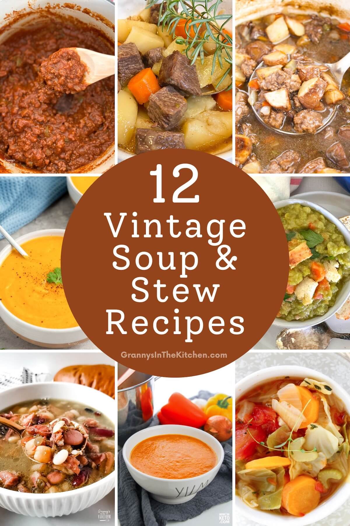 collage of 12 vintage soup and stew recipes.