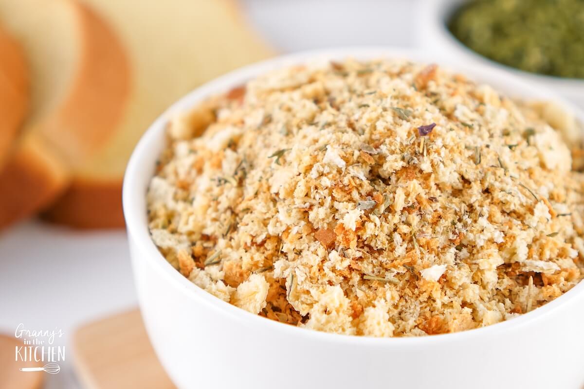 Homemade Italian Bread Crumbs in a white bowl.